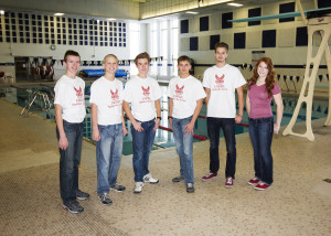 NS first swim team, Left to Right; Koby Smith, Trevor Ence, Ben Palmer, Ben Andersen, Ben Fryer, and Coach Katelyn Crowther